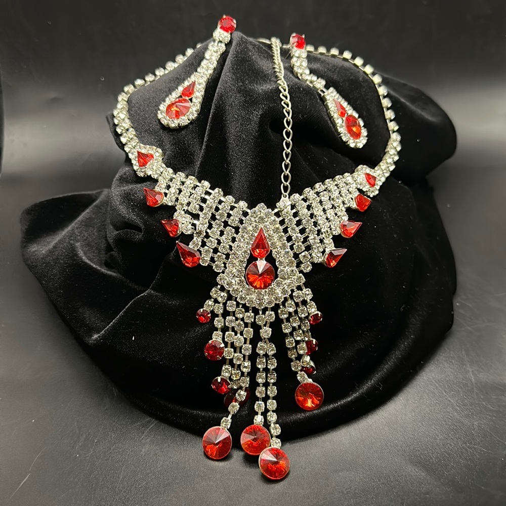 Wedding/Prom Statement Necklace and Earrings Red/White Rhinestones